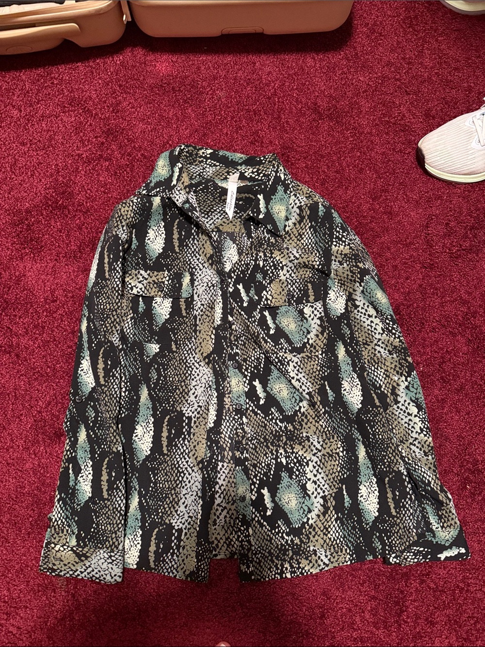 NY Collection Black Snake Print Blouse with Teal and Cream Accents